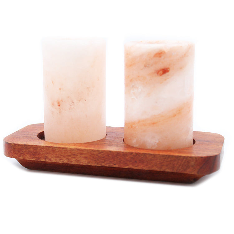 Set of 2 Himalayan Salt Shot Glasses & Wood Serving Stand